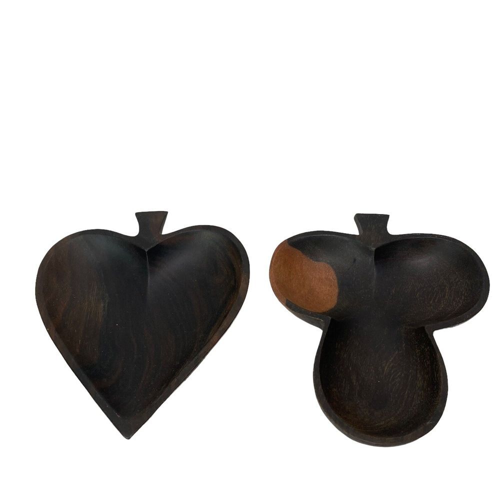 2 Wooden Snack Bowls MCM Playing Card‎ Heart Spade 6.5" Vintage